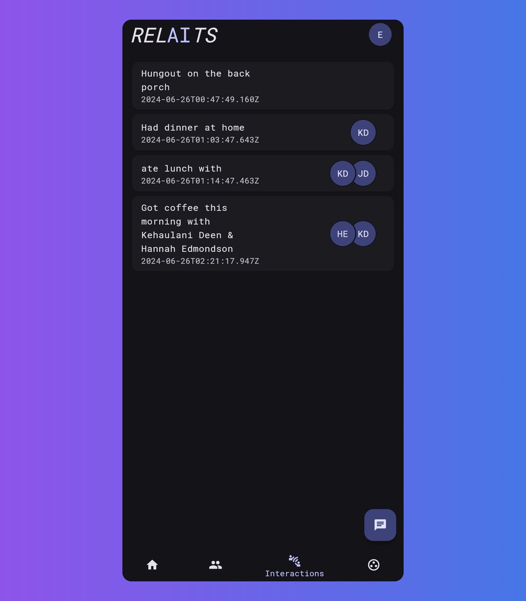 Emmett_Deen's tweet photo. Some more work on building my "toy" for #nightsandweekends tonight I added a new type of data capture called interactions. This data will also be queryable by the AI and helps power the graph image you see. Based on who you interact with, it will make connections between contacts who know each other. This should give a unique way for you to explore the connections you have from different parts of your life. This view was heavily inspired by @obsdmd 

These screenshots also showcase the mobile layout of Relaits for the first time. Shoutout to one of the many benefits of building with #FlutterDev

CC @_nightsweekends @_buildspace @FarzaTV #buildinpublic #s5