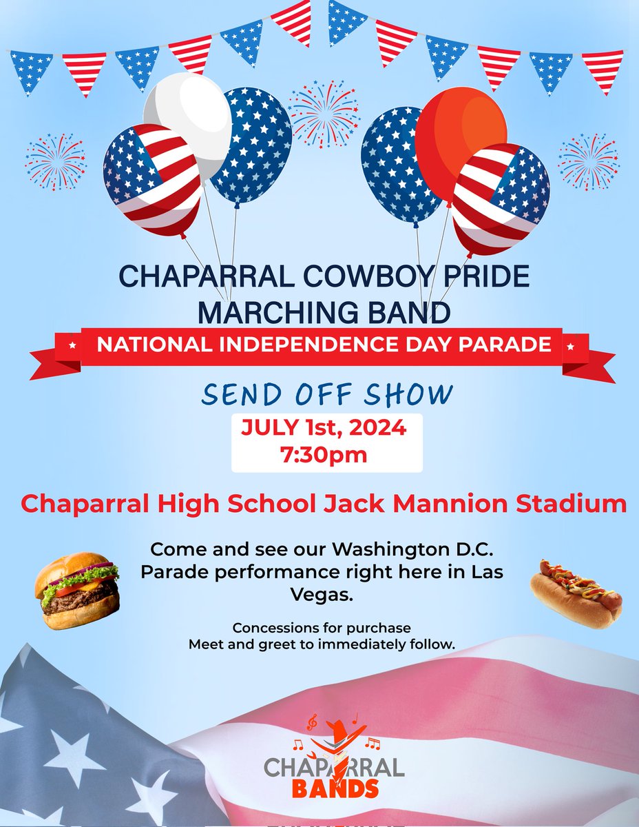 ChaparralBands (@bandschaparral) on Twitter photo Can't make it to Washington DC to cheer on your Cowboys? Come see their parade set here in Vegas on Monday July 1st at 7:30! Concessions for sale by the fabulous <a href="/BettersChef/">Chef Betters</a> and commemorative shirts for sale. Hope to see you there! Can't make it to Washington DC to cheer on your Cowboys? Come see their parade set here in Vegas on Monday July 1st at 7:30! Concessions for sale by the fabulous <a href="/BettersChef/">Chef Betters</a> and commemorative shirts for sale. Hope to see you there!