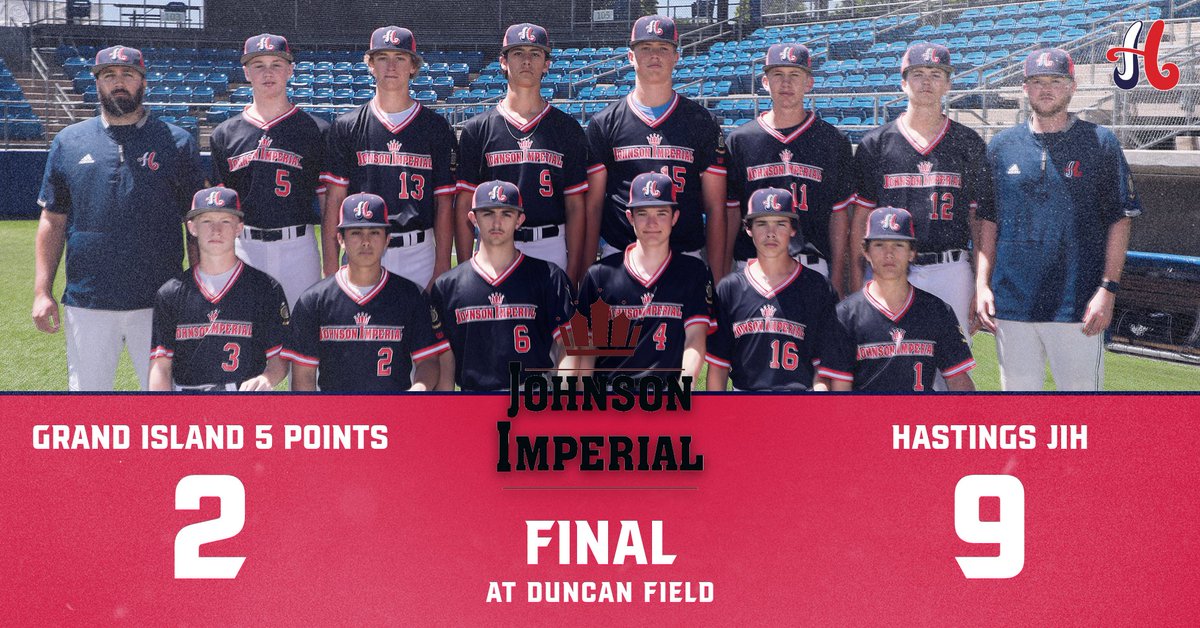 Hastings American Legion Baseball
at Duncan Field

Final
Hastings Johnson Imperial Homes - 9
Grand Island Five Points - 2
W: Zane Thomsen

Dom Montey 2-3 RBI
Diego Hernandez 2-4 2-RBI
Owen Ablott 2-RBI
Thomsen 7-IP 4-H 1-ER 

#DuncanField #HALB