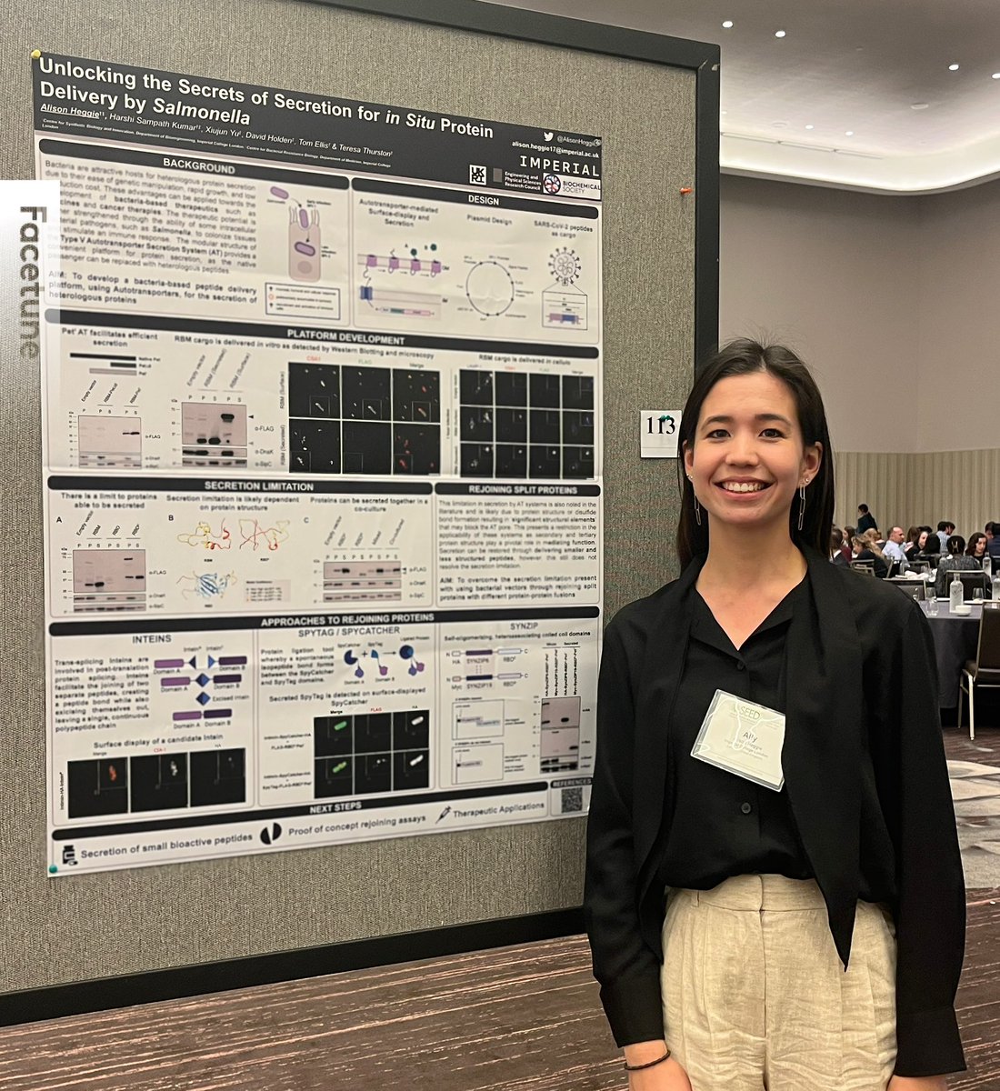 Alison Heggie (@alisonheggie) on Twitter photo I had a great time presenting a poster at #SEED2024 this afternoon. Thanks to everyone who stopped to chat with me about Salmonella Synthetic Biology and Bacteria-based Therapeutics!
A special thanks to <a href="/BiochemSoc/">Biochemical Society</a> for the travel grant that supported this trip! I had a great time presenting a poster at #SEED2024 this afternoon. Thanks to everyone who stopped to chat with me about Salmonella Synthetic Biology and Bacteria-based Therapeutics!
A special thanks to <a href="/BiochemSoc/">Biochemical Society</a> for the travel grant that supported this trip!