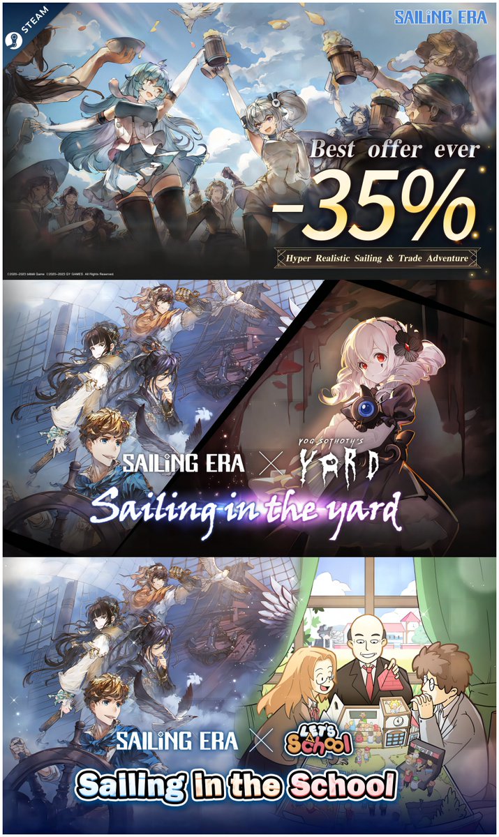 GSailingera's tweet photo. 35% off | Best Offer Ever during the Summer Sale!
From June 27th to July 11th (PDT), purchase the base game "Sailing Era" and enjoy a discount of 35%!

【Bundles with extra 10% off】
※ "Sailing in the yard" with Yog-Sothoth’s Yard
※ "Sailing in the School" with Let's School https://t.co/91ds1MBRix