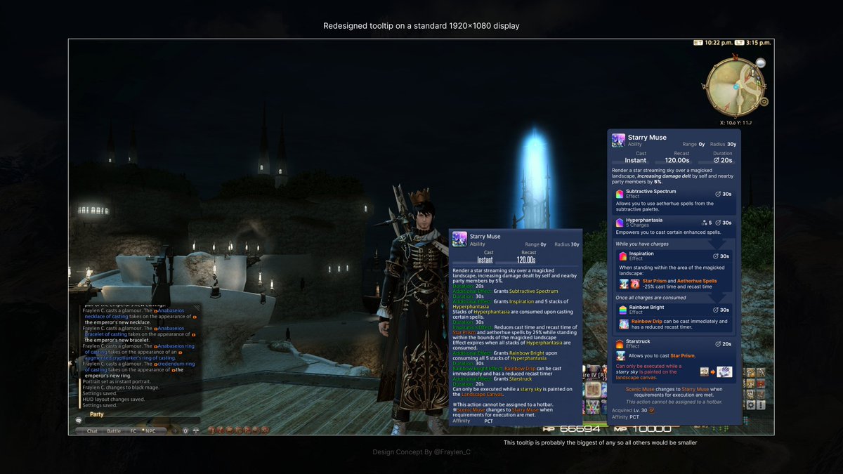 So, the absolute chaos that is the Starry Muse ability for the newly released Pictomancer job in Final Fantasy XIV inspired me to redesign the tooltips for the game in a way that I feel better communicates the functionality of the abilities, spells, and effects. #FFXIV📷