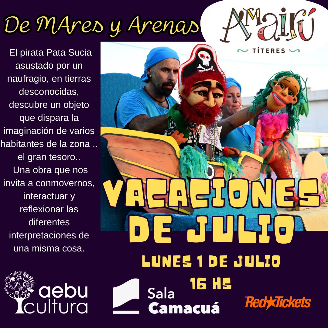 El nuevo espectáculo de “Mares y Arenas” presentado por @titeres_amairu para toda la flia!

El pirata Pata Sucia asustado por un naufragio en tierras desconocidas, descubre un objeto que dispara la imaginación de varios habitantes de la zona ¿qué será? ¡Habrá que descubrirlo!