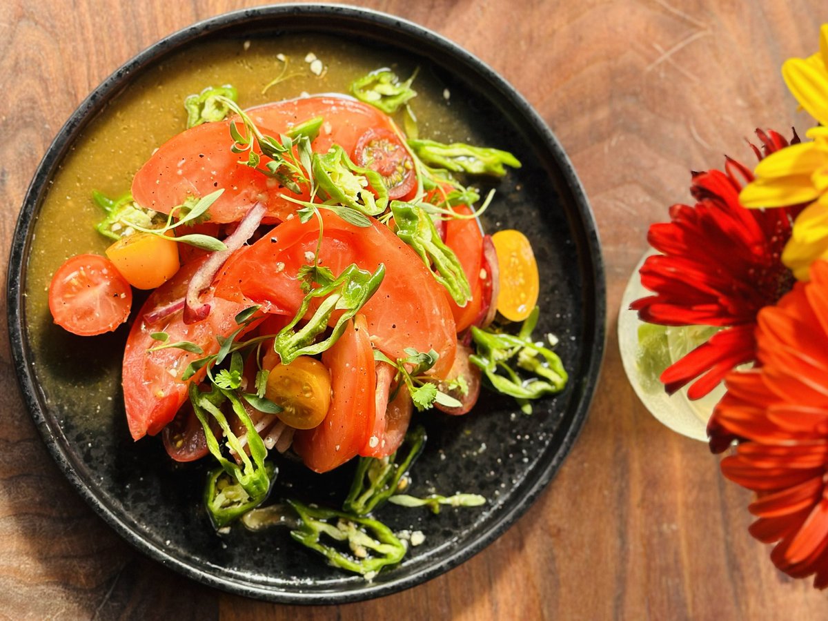 Ontario Heirloom Tomato Salad - Shishito Peppers, Red Onions with a Soy, Yuzu, Garlic &amp; Ginger Dressing <a href="/BoehmerTO/">Boehmer Restaurant</a> #summer