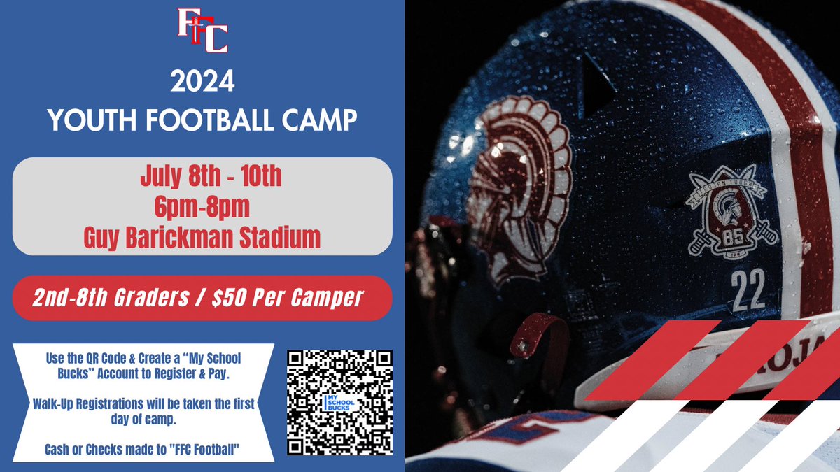 🚨2024 FFCHS Youth Football Camp 🚨

July 8th-10th

Come join us for fundamental skills and competition! Use the link below to register. 

#TrojanTough 💪💪 
#FKG ⚔️🛡 🔵⚪️🔴

myschoolbucks.com/ver2/prdembd?r…