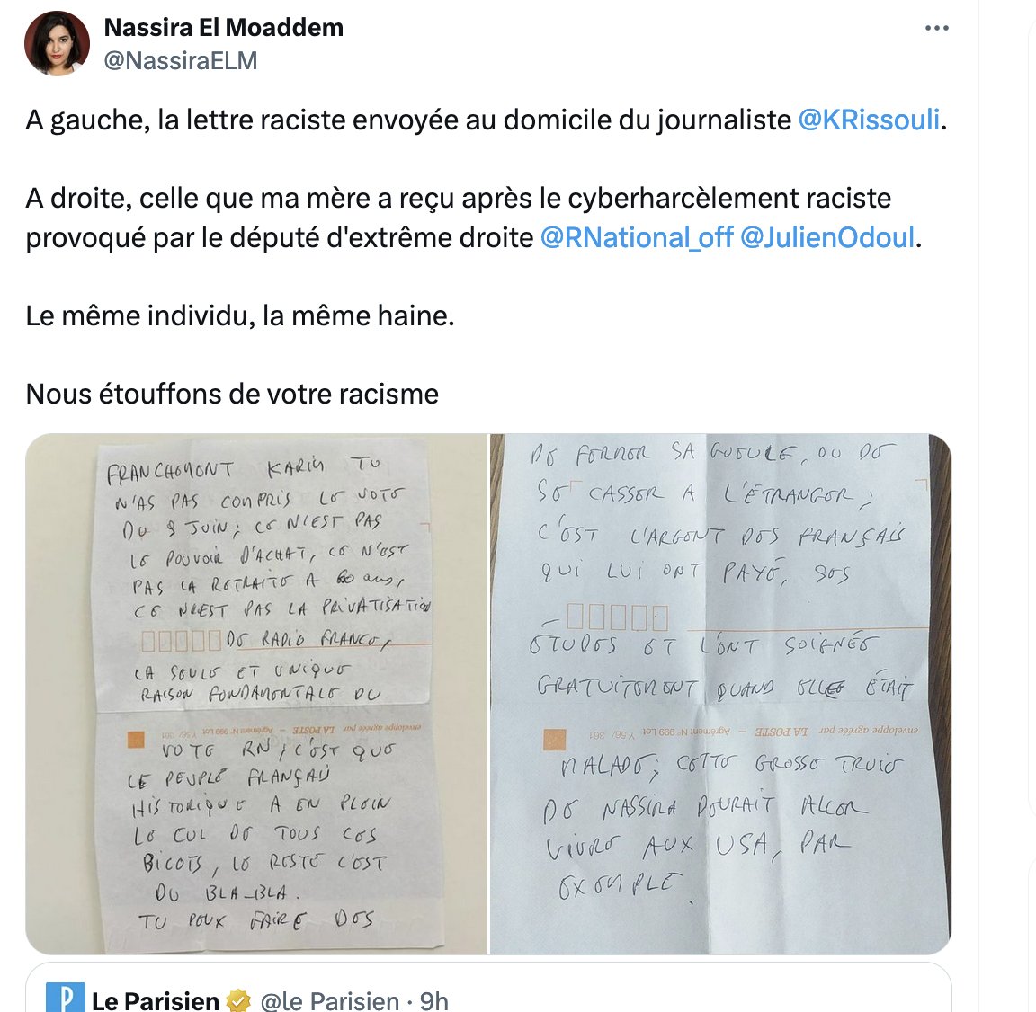 .<a href="/mohamedbouhafsi/">Mohamed Bouhafsi</a>, @KRissouli,<a href="/NassiraELM/">Nassira El Moaddem</a>. Leur crime commun: être journalistes, et avoir un nom à consonance étrangère. Le RN étant aux portes du pouvoir, ses sympathisants peuvent commencer leur danse macabre. Voilà un avant-goût de ce qui nous attend après le 7 juillet.