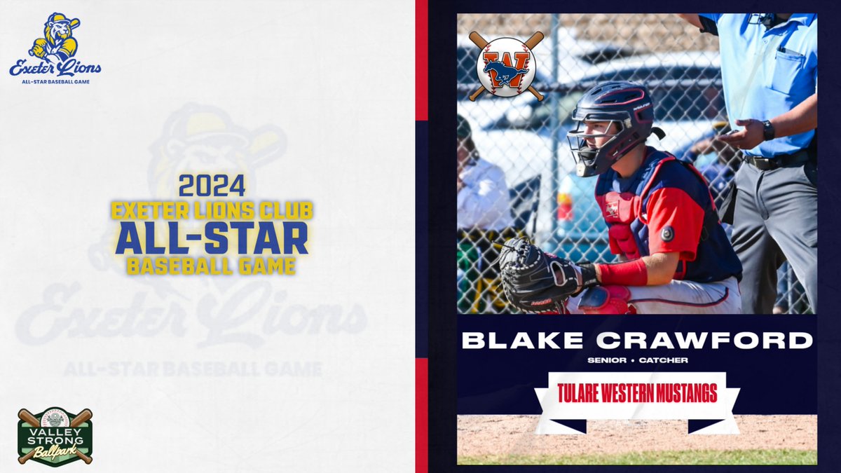 Blake Crawford has been selected to the 2024 Exeter Lions All-Star Game. Blake was a 1st Team All-WYL performer leading the Mustangs in runs, HR, OBP, and OPS!

Show your support  this Saturday, June 29th at Valley Strong Ballpark in Visalia! First pitch at 7:00 PM