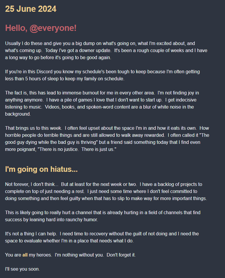 BennyFitsTV's tweet photo. Just posted this in Discord.  I struggled with doing it and sharing it.

I need a break and I don't know if this space really needs what I'm doing.

I don't know if this'll reach anybody here.  Your retweet is gold. https://t.co/uuGoQafZYq