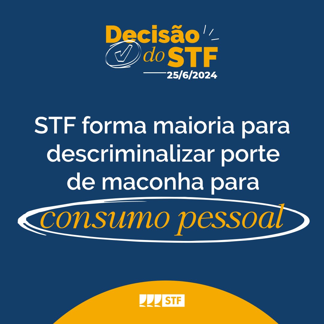 Card de fundo neutro com o título "Decisão do STF" e o texto: STF forma maioria para descriminalizar porte de maconha para consumo pessoal. No rodapé a logo do STF.
