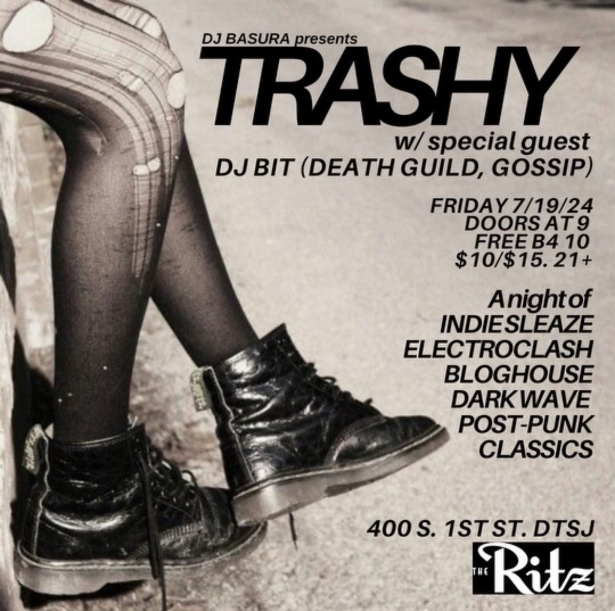 👄 TRASHY 👄 

Just announced! FREE before 10PM! Tickets on sale now!

Friday // 07.19.24 // 9PM // 21+⁠
🎫 l8r.it/4HkA 🎫⁠
⁠
🏷️ #trashydanceparty <a href="/djbasura/">Depress Mode</a> #indiesleaze #electroclash #techno #bloghouse #darkwave #danceparty #dancenight #theritzsj