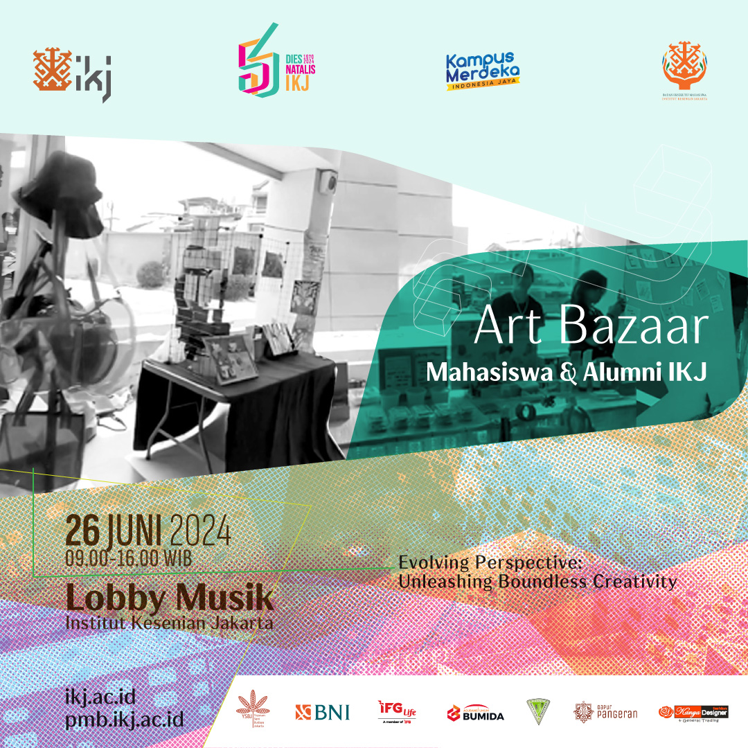Badan Eksekutif Mahasiswa bekerjasama dengan Mahasiswa/i dan Alumni untuk ikut berperan aktif pada perayaan Dies Natalis IKJ bersama seluruh civitas dengan mengadakan Bazaar Seni
🎭🎨📷  Art Bazaar BEM IKJ🎭🎨📷
Mulai pukul 09:00-16:00 WIB
Bazaar Seni📍Lobby Gedung Musik FSP IKJ