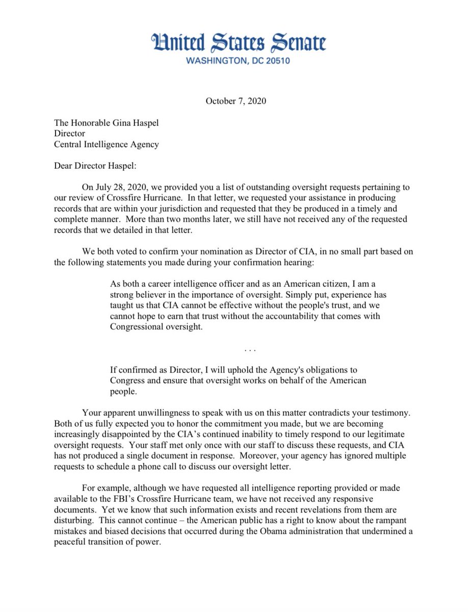 SenRonJohnson's tweet image. Sen. Grassley and my letter to then - CIA Director Gina Haspel in 2020👇