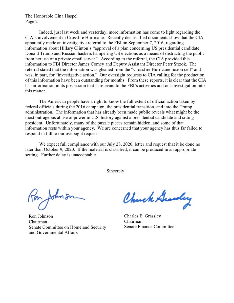 SenRonJohnson's tweet image. Sen. Grassley and my letter to then - CIA Director Gina Haspel in 2020👇