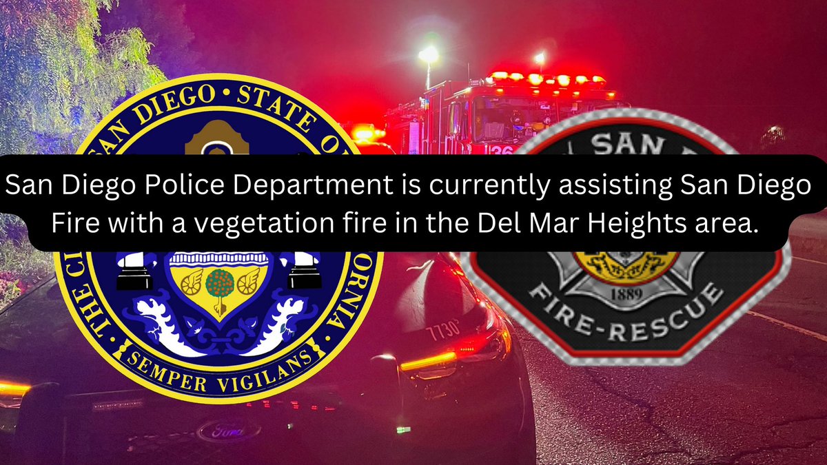 SanDiegoPD's tweet photo. SDFD is working a Vegetation 1st Alarm at 2300 Del Mar Scenic Pky. The call was received on 06/25/2024
Evacuations have begun, the following roads are closed as of now.
2000 to 2300 Del Mar Scenic Parkway
***Temporary evacuation location point will be the Del Mar Fairgrounds. https://t.co/FmeuESV69M