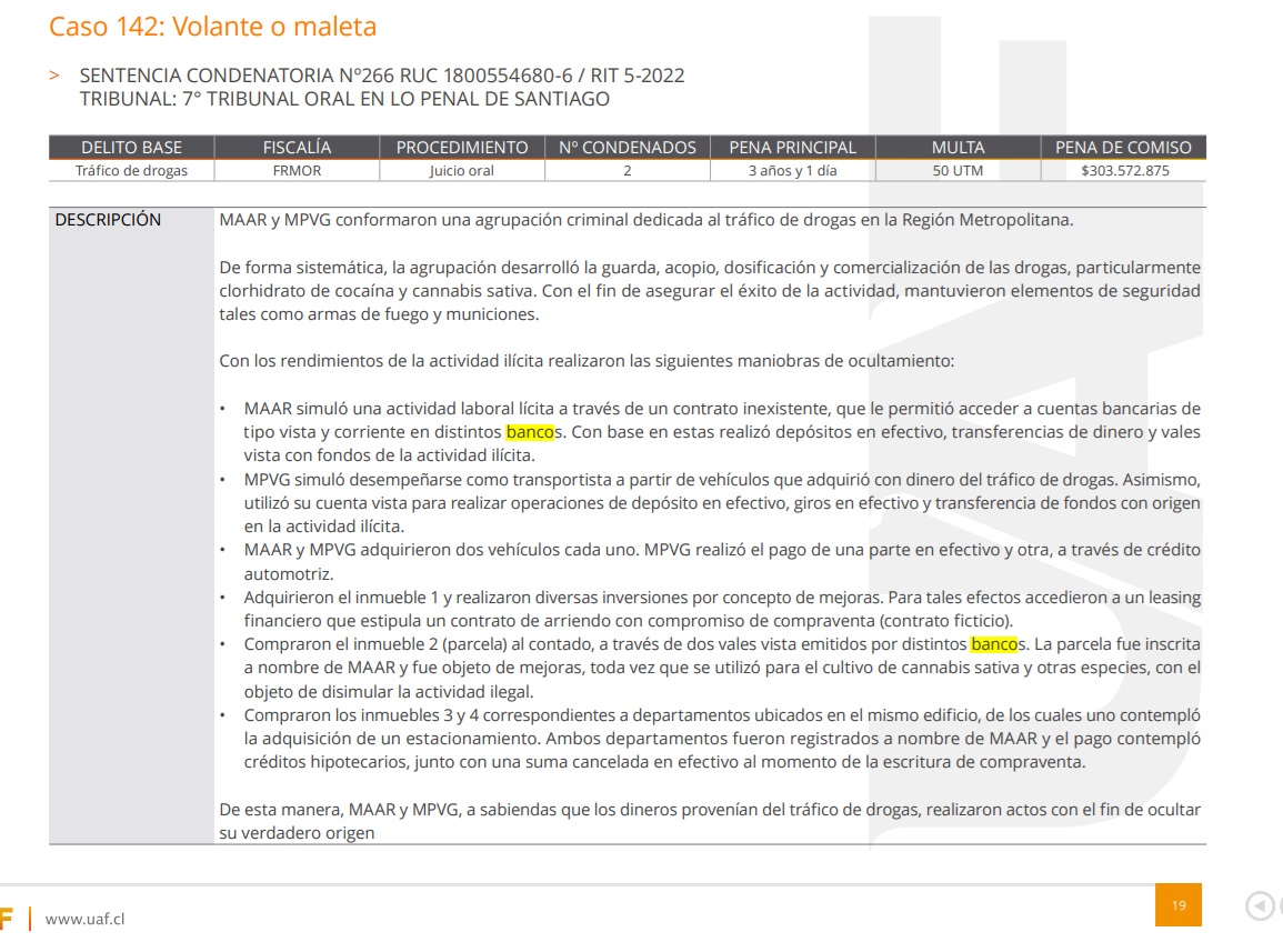 RodRettig's tweet photo. Un caso más fresquito de transferencias bancarias en contexto de lavado de activos con delito base de tráfico de drogas. Año 2022:   

- Caso 142: Volante o maleta. 
- Fiscalía Oriente. 
- RUC 1800554680-6 / RIT 5-2022, Séptimo Juzgado de Garantía de Santiago. 
- Dos condenados. 
- 303 millones de pesos de comiso. 
- Modus operandi: "MAAR simuló una actividad laboral lícita a través de un contrato inexistente, que le permitió acceder a cuentas bancarias de tipo vista y corriente en distintos bancos. Con base en estas realizó depósitos en efectivo, transferencias de dinero y vales vista con fondos de la actividad ilícita". 

SECRETO BANCARIO