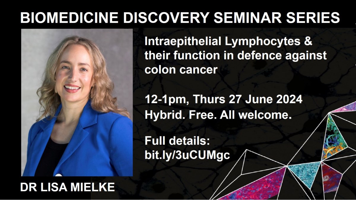 Monash Biomedicine Discovery Institute (@monashbdi) on Twitter photo ON TOMORROW Don't miss our next Seminar.
𝗦𝗽𝗲𝗮𝗸𝗲𝗿: Dr <a href="/Mielke_Lisa/">Lisa Mielke</a> @onjcri <a href="/LIMSLTU/">La Trobe Institute for Molecular Science</a>
𝗧𝗼𝗽𝗶𝗰: Intraepithelial Lymphocytes & their function in defence against #ColonCancer
𝗪𝗵𝗲𝗻: Thu 27 June 12-1pm
𝗛𝗼𝘀𝘁: A/Prof <a href="/MeredithKeeffe/">Meredith O'Keeffe</a>
Hybrid: Details bit.ly/3uCUMgc ON TOMORROW Don't miss our next Seminar.
𝗦𝗽𝗲𝗮𝗸𝗲𝗿: Dr <a href="/Mielke_Lisa/">Lisa Mielke</a> @onjcri <a href="/LIMSLTU/">La Trobe Institute for Molecular Science</a>
𝗧𝗼𝗽𝗶𝗰: Intraepithelial Lymphocytes & their function in defence against #ColonCancer
𝗪𝗵𝗲𝗻: Thu 27 June 12-1pm
𝗛𝗼𝘀𝘁: A/Prof <a href="/MeredithKeeffe/">Meredith O'Keeffe</a>
Hybrid: Details bit.ly/3uCUMgc