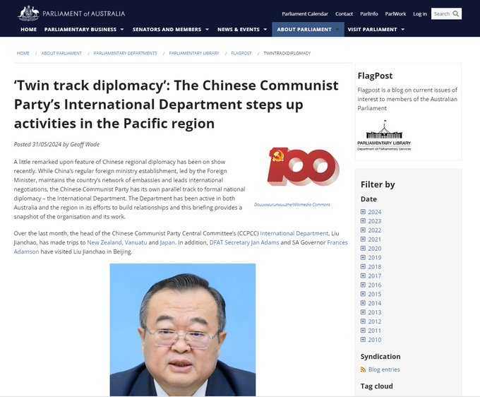Australia and Pacific: 'The Chinese Communist Party’s International Department steps up activities in the Pacific region' 中国共产党中央委员会对外联络部 aph.gov.au/About_Parliame…