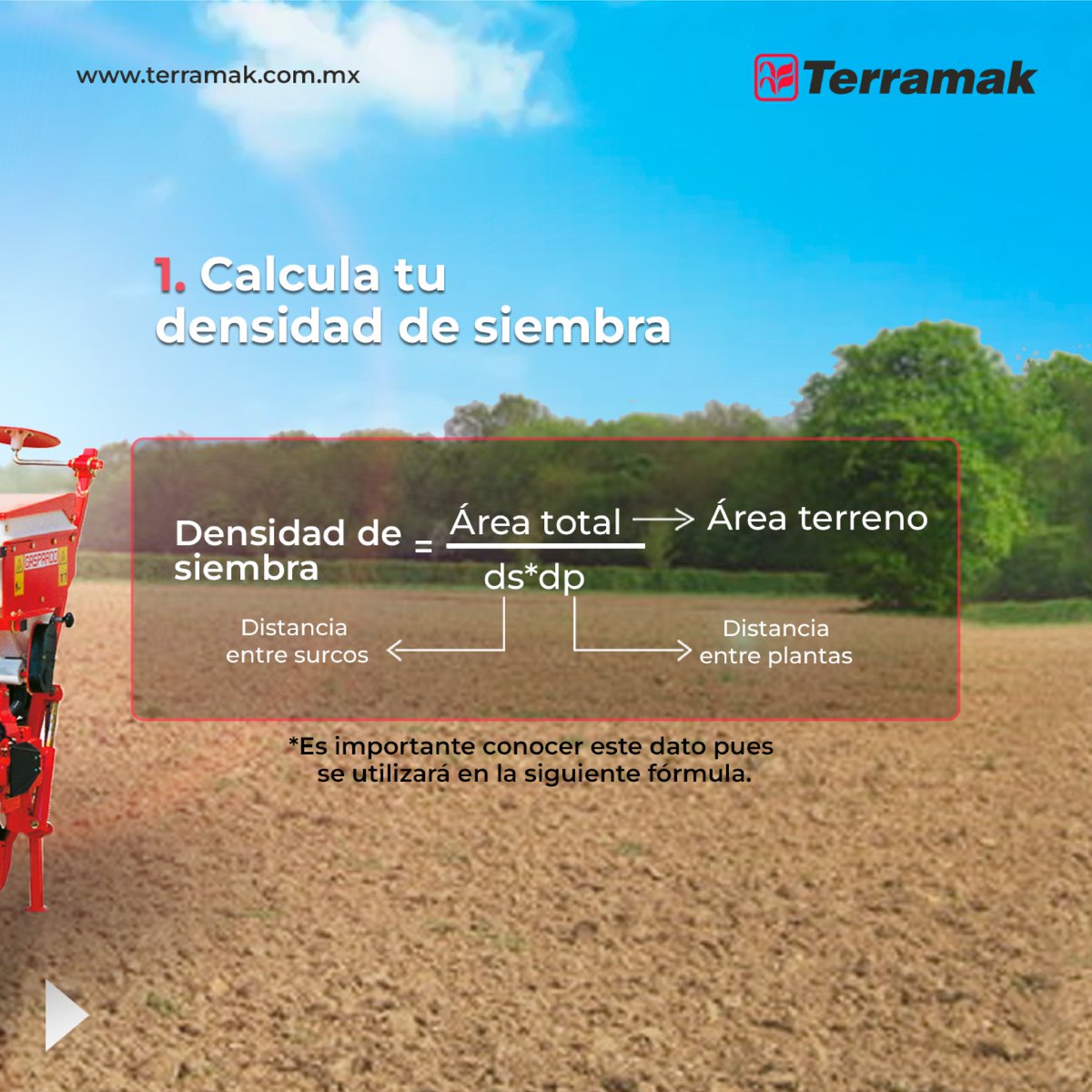 TERRAMAKMX's tweet photo. 💡 Esta fórmula es esencial para planificar los marcos de siembra adecuada en el campo, asegurando una distribución óptima para maximizar la producción y utilizar eficientemente el espacio disponible.

#Terramak #maquinariaagricola #siembra #sembradora #agricultura #agronomia https://t.co/2wm62vF3I7