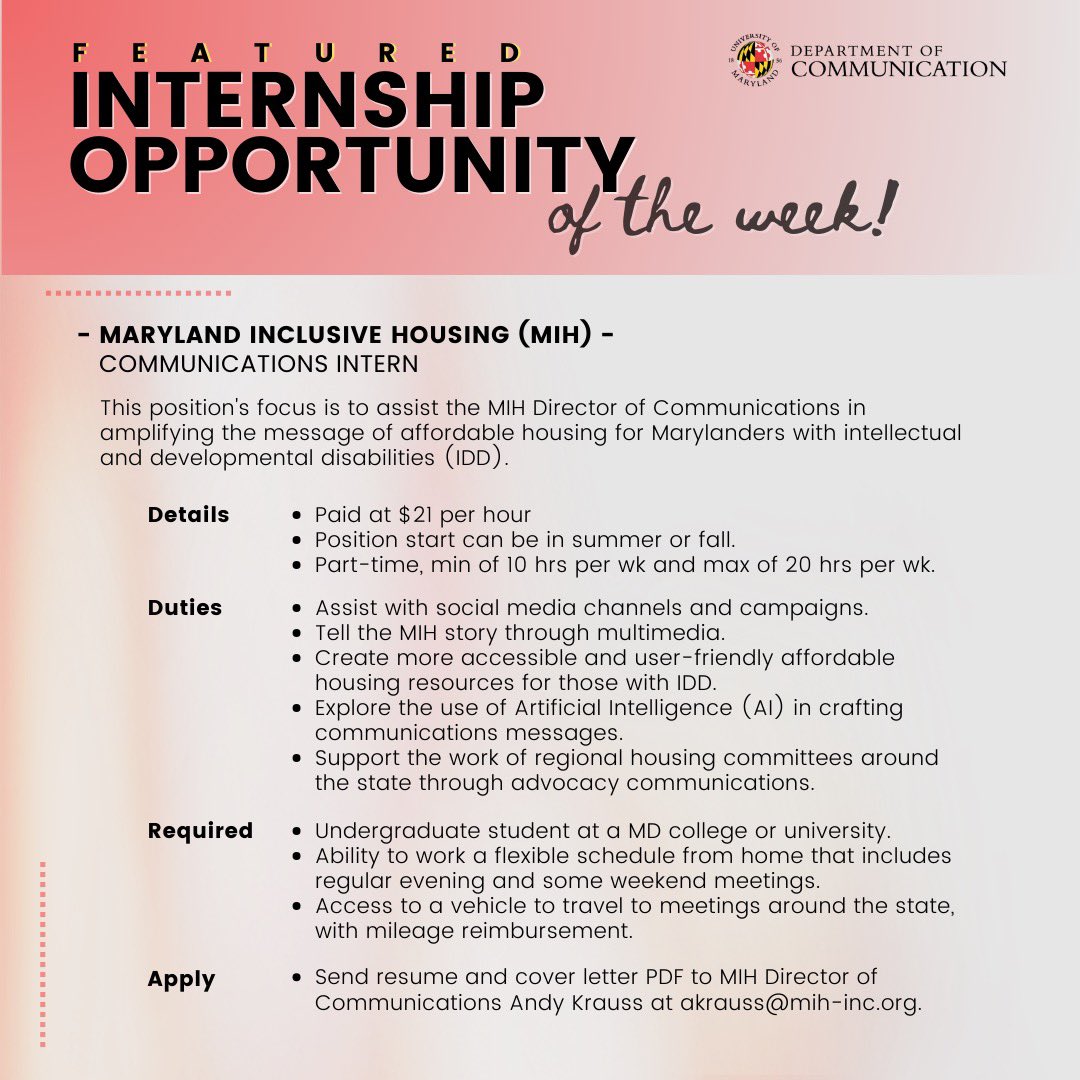 Internship opportunity of the week with Maryland Inclusive Housing (MIH)! 💼💪
   go.umd.edu/MIH

See this and more on the COMMLIST listserv and COMM Advising ELMS page.

Disclaimer: Posting an opportunity does not constitute an employer endorsement by the UMD COMM dept.