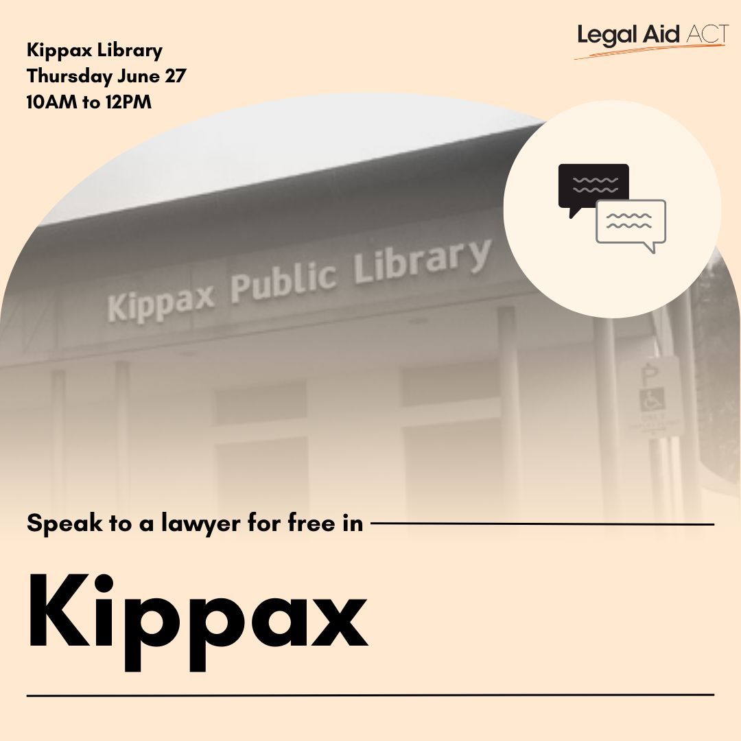 YLCACT's tweet image. Do you need legal advice?
Come speak to a @LegalAidACT lawyer at Kippax Library this Thursday for free.
No appointment needed!
If you need assistance now, call our Helpline on 1300 654 314