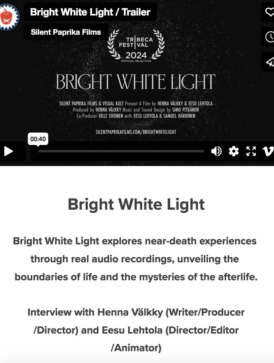 We interview BRIGHT WHITE LIGHT Henna Välkky (Writer/Producer/Director) and Eesu Lehtola (Director/Editor/Animator) <a href="/Tribeca/">Tribeca</a> 

wearemovingstories.com/we-are-moving-…