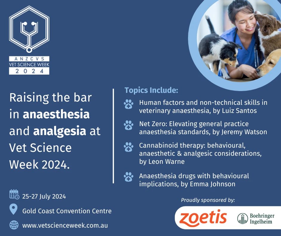 anzcvs's tweet photo. The Veterinary Anaesthesia & Analgesia chapter at #VetScienceWeek24 delves into cutting-edge safe protocols, groundbreaking treatment methods & optimal pain management strategies. From 25-27July on the Gold Coast. Visit the Vet Science Week site for the program!
#VSW24 https://t.co/ZioHKk7mHU