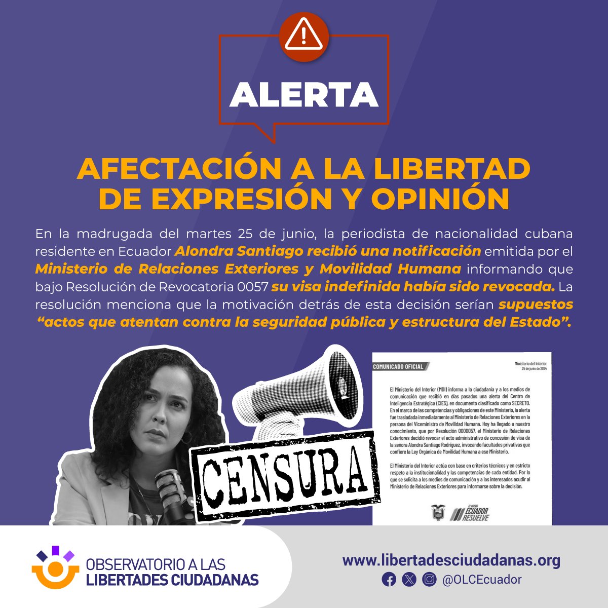 OLCEcuador's tweet photo. La @CancilleriaEc revocó la visa de la periodista @cubalondra. Exhortamos a las instituciones pertinentes a llevar este proceso de forma transparente, aclarando el motivo de la decisión y garantizando que no es una represalia a la #LibertadDeExpresión: https://t.co/rjFSZuHMzt https://t.co/8wbWAFzGCS