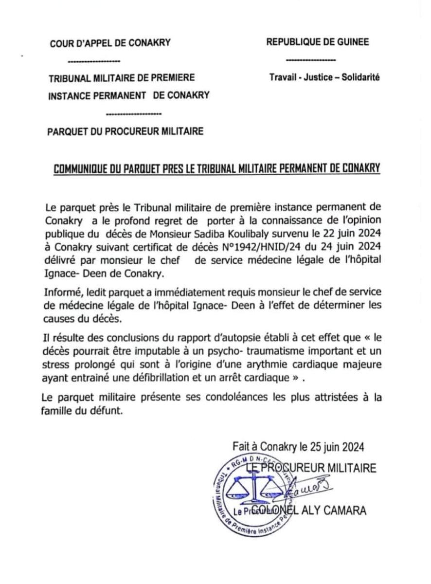 bagoubarryGN's tweet image. Le ministère de la justice annonce la mort de Sadiba Koulibaly. Triste 😥 que Dieu sauve la #Guinee.