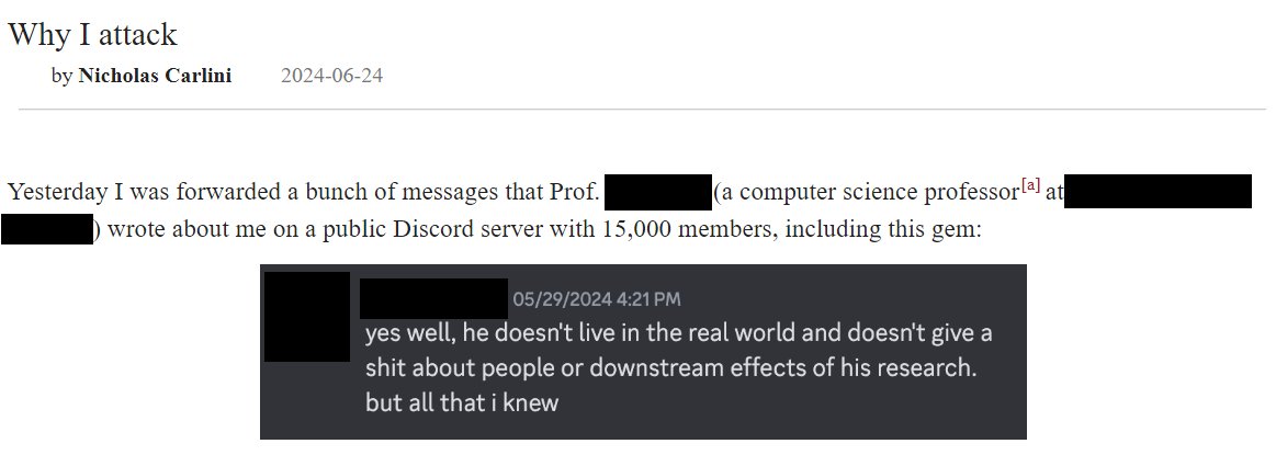 *Must read* for anyone interested in ML security, by Nicholas Carlini. Attacks are the only way we know whether or not a purportedly secure system actually is.

Moreover, I consider personal attacks like this unacceptable in my research communities.
nicholas.carlini.com/writing/2024/w…