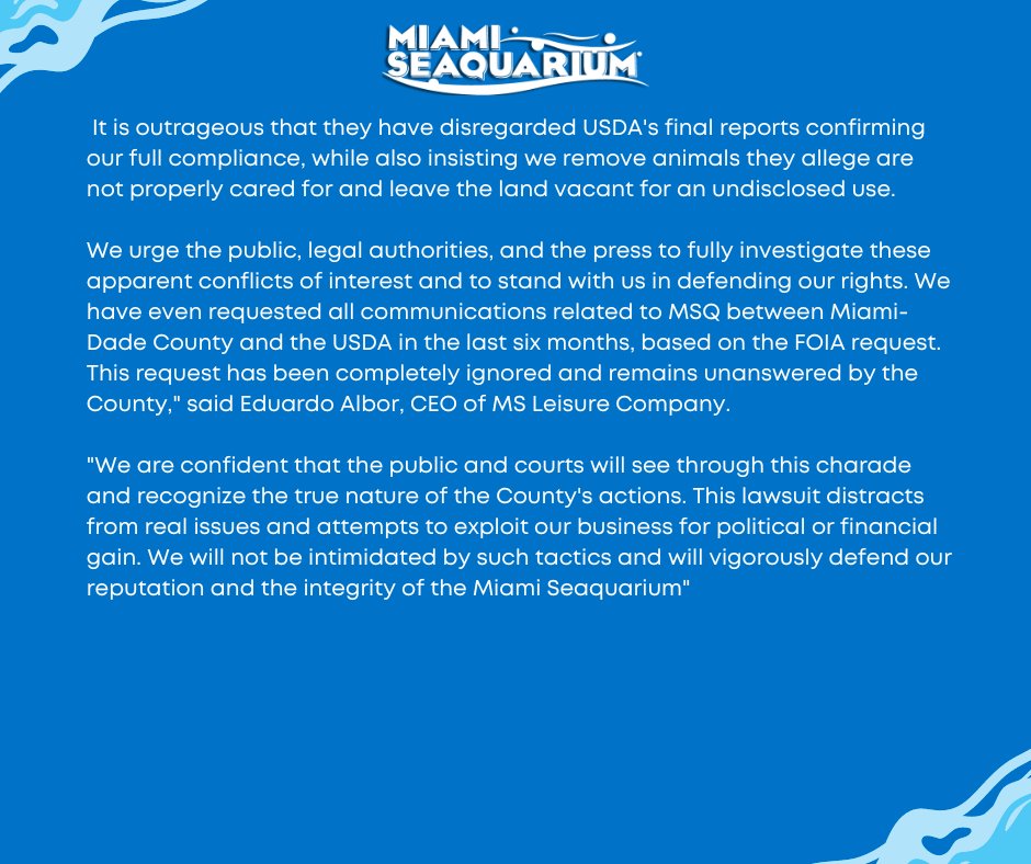 MS Leisure Company expresses deep concern over Miami-Dade County's baseless and politically motivated lawsuit, which jeopardizes the welfare of all species under our care.