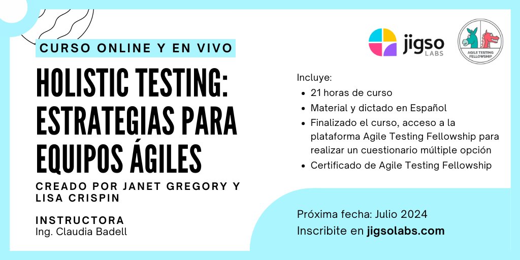 Jigso Labs (@jigsolabs) on Twitter photo ⚡️¿Quieres aprender cómo el #testing se integra de forma ágil en iteraciones cortas y entregas frecuentes de valor? 
¡Inscríbete al curso Holistic Testing: estrategias para equipos ágiles! ➡️ jigsolabs.com/curso-holistic…
#holistictesting #agiletestingfellow #agiletesting ⚡️¿Quieres aprender cómo el #testing se integra de forma ágil en iteraciones cortas y entregas frecuentes de valor? 
¡Inscríbete al curso Holistic Testing: estrategias para equipos ágiles! ➡️ jigsolabs.com/curso-holistic…
#holistictesting #agiletestingfellow #agiletesting
