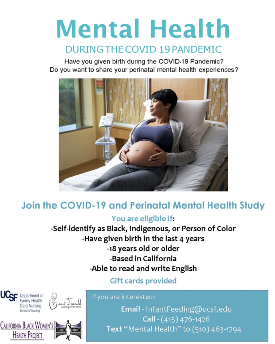 California Black Women's Health Project (CABWHP) (@cabwhp) on Twitter photo Have you given birth during the COVID-19 Pandemic? Do you want to share your perinatal mental health experiences? Join the COVID-19 and Perinatal Mental Health Story. Gift cards will be provided to participants! Check out the flyer for eligibility and participation info! Have you given birth during the COVID-19 Pandemic? Do you want to share your perinatal mental health experiences? Join the COVID-19 and Perinatal Mental Health Story. Gift cards will be provided to participants! Check out the flyer for eligibility and participation info!