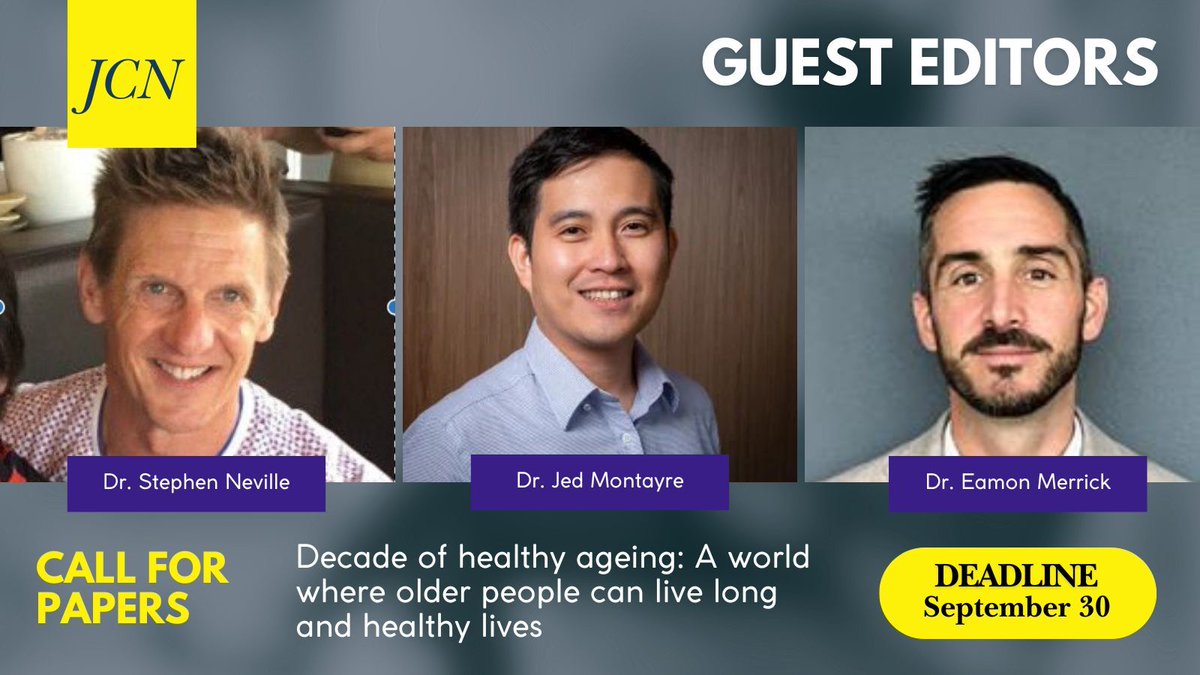 Call for papers! Meet the editors of the upcoming special issue "Decade of healthy ageing: A world where older people can live long and healthy lives." Submit by September 30 @Stephen_Neville <a href="/JedMontayre/">A/Prof Jed Montayre</a> <a href="/EamonMerrick/">Eamon Merrick</a> buff.ly/3VRkkH7