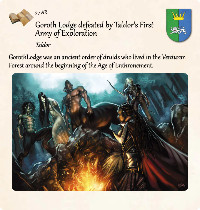 GolarionToday's tweet photo. 37 AR: Goroth Lodge defeated by Taldor's First Army of Exploration
#Taldor #GorothLodge #37AR #VerduranForest #ArmyOfExploration
https://t.co/liWuljHcsA
GorothLodge was an ancient order of druids who lived in the Verduran Forest around the beginning of the Age o… https://t.co/L7Fg1YeQUX