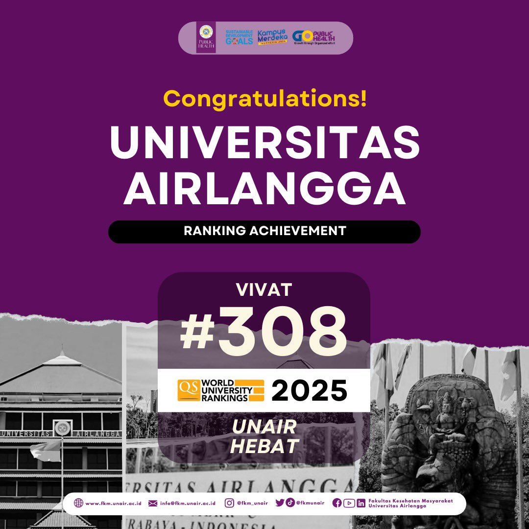 [Congratulations!]

Segenap civitas akademika FKM Unair mengucapkan selamat kepada Universitas Airlangga atas peraihan ranking #308 pada QS World University Rankings 2025.
