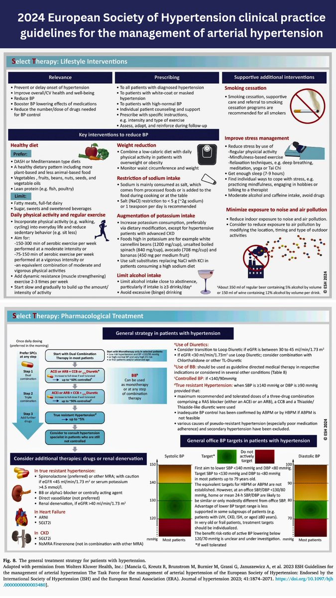 🌟HYPERTENSION - Diet, lifestyle changes &amp; Pharmacotherapy 

From : 2024 European Society of Hypertension clinical practice guidelines for the management of arterial hypertension
ejinme.com/article/S0953-…