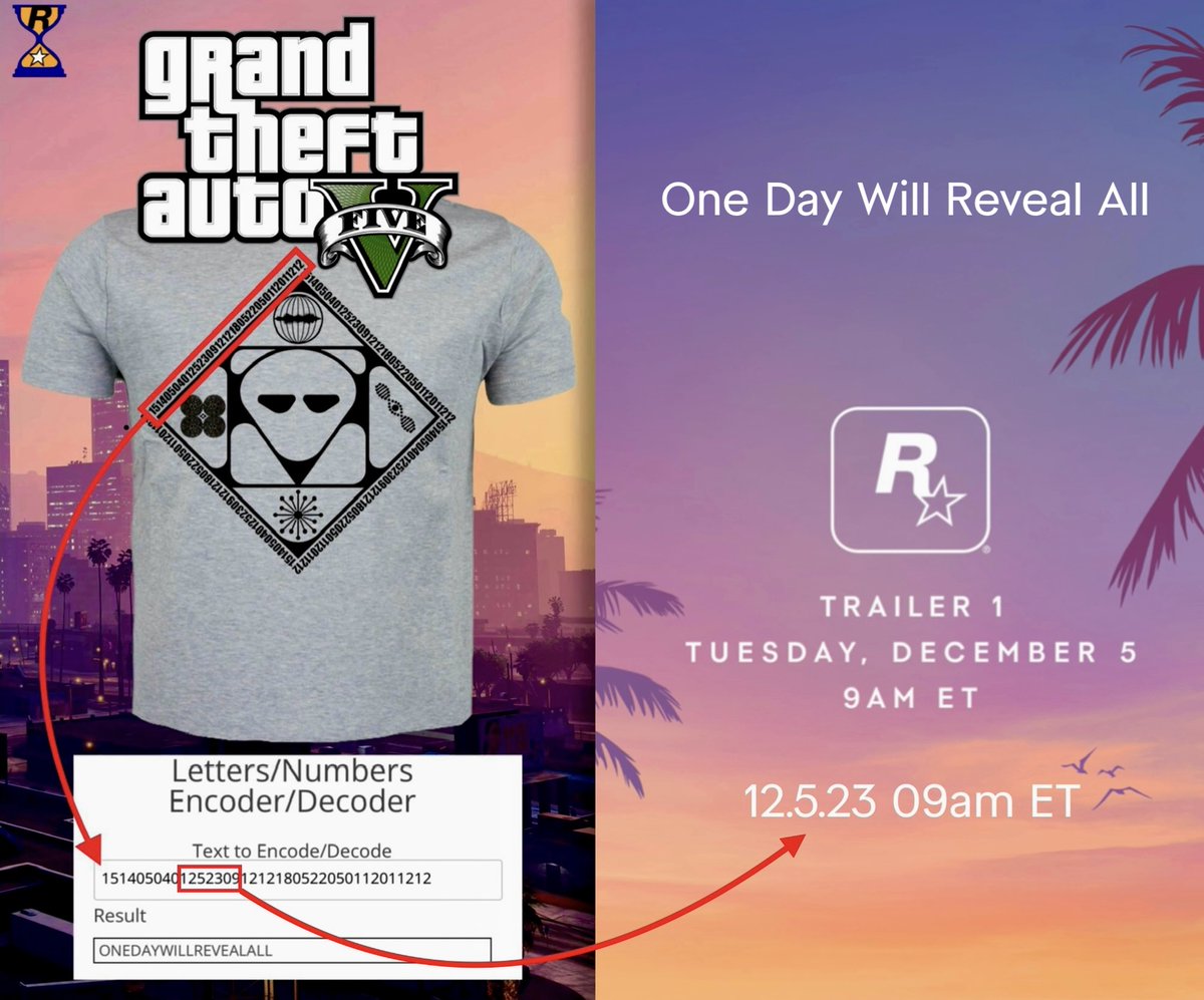 GTAVI_Countdown's tweet image. GTA 6 teasers that were overlooked before its announcement last year:

1. A shirt that was added to GTA Online, 6 months before the GTA 6 trailer had its exact date and time hidden in a cryptic message that translates to ‘one day will reveal all’.