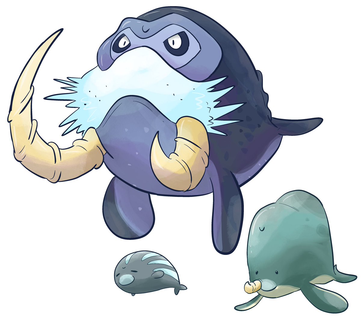 Swimub, Piloswim and Mammoswim, water/ice convergent forms

Based off the Narwhal and Odobencetops