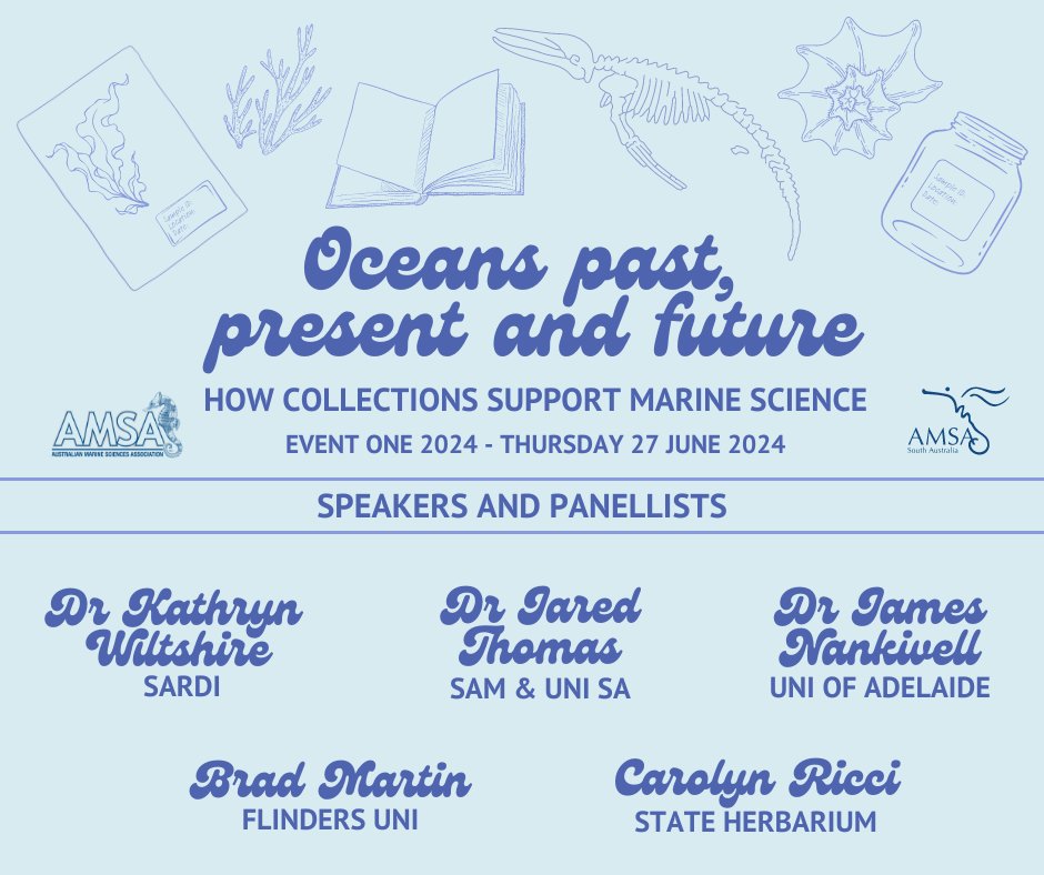 MarineScienceSA's tweet image. Our amazing speaker and panellist lineup is here!
Don't miss this opportunity to gain an insight into how collections shape our knowledge of the coasts and oceans.
This event is $5 for AMSA members! 
Tickets and more info:
eventbrite.com.au/e/oceans-past-…