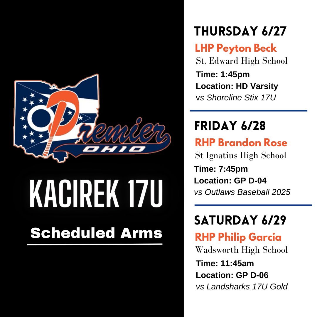 Premier OH Kacirek 2029 (Scott Kacirek-Head Coach) (@skacirek) on Twitter photo Our schedule and starting pitchers for the Grand Park Summer Championship! <a href="/premierath/">Premier Ohio Baseball</a> <a href="/PrepBaseballOH/">Prep Baseball Ohio</a> <a href="/PrepBaseballIN/">Prep Baseball Indiana</a> Our schedule and starting pitchers for the Grand Park Summer Championship! <a href="/premierath/">Premier Ohio Baseball</a> <a href="/PrepBaseballOH/">Prep Baseball Ohio</a> <a href="/PrepBaseballIN/">Prep Baseball Indiana</a>