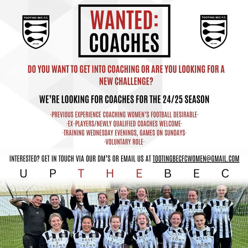 🚨 COACHES WANTED 🚨

We are currently looking for coaches to join our Women's side. If this role is for you or someone you know make sure to get in touch!

Check details below ⤵️

#UpTheBec #TBFC