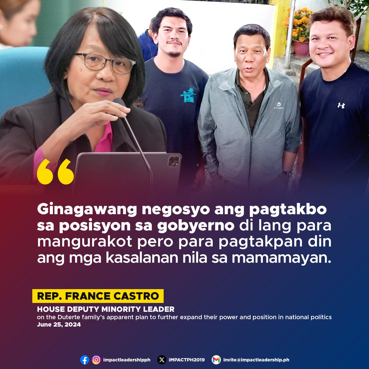 iMPACTPH2019's tweet photo. 'GINAGAWANG NEGOSYO'

House Deputy Minority Leader and ACT Teachers Party-list Rep. France Castro denounces the Duterte family’s apparent plan to further expand their power and position in national politics, following Vice President Sara Duterte's recent statements. #Halalan2025 https://t.co/pvgPFgZZUO