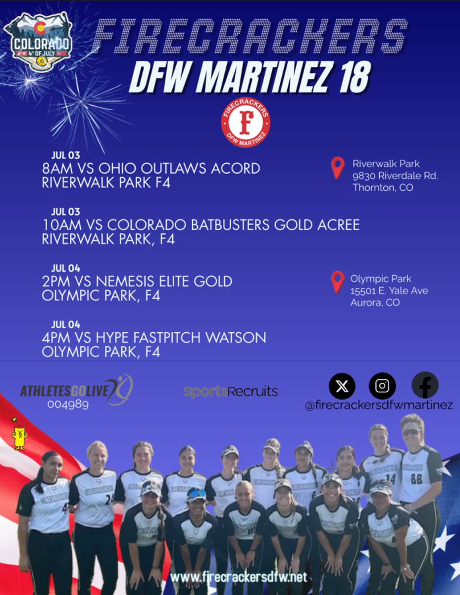 FCDFW MARTINEZ 16U &amp; 18U IN COLORADO NEXT WEEK!! ‘25s, ‘26s, ‘27s on both ballclubs to come check out!! <a href="/TCSFastpitch/">TC Fastpitch</a> <a href="/AGLSoftball/">AthletesGoLive Softball</a> <a href="/COSparkFire/">CO 4th of July</a> <a href="/triplecrownspts/">Triple Crown Sports</a> <a href="/tc_collegecoach/">TC College Coaches</a> <a href="/ExtraInningSB/">EXTRA INNING SOFTBALL</a> @FloSoftball <a href="/DfwFirecrackers/">FirecrackersDFW</a> <a href="/Sports_Recruits/">SportsRecruits</a> #FCDFDUB #FCDFWMTZ #FIRECRACKERSOFTBALL