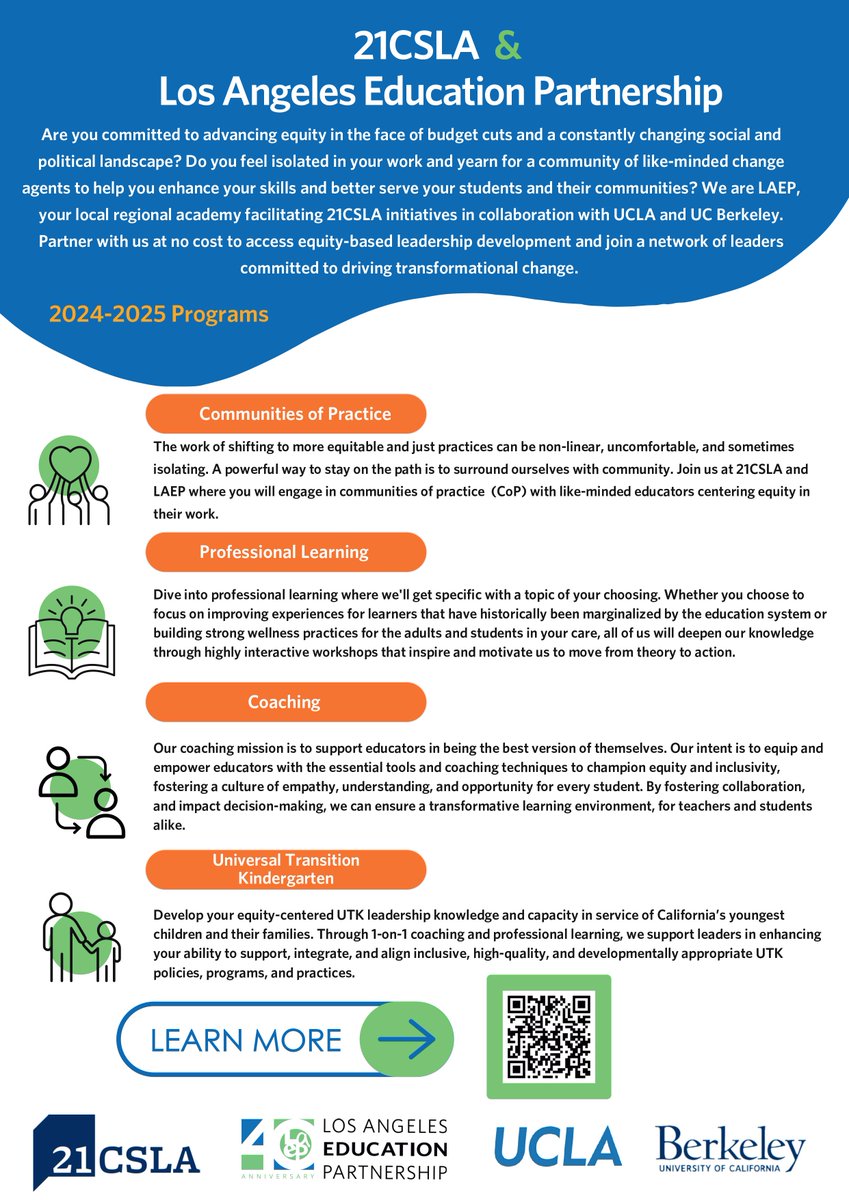 Are you interested in advancing educational equity and growing with a collaborative community? Learn more about @21csla initiatives and how our CORE program uses coaching, professional learning, and Communities of Practice to create change: bit.ly/4cdBepd #CORE #21CSLA