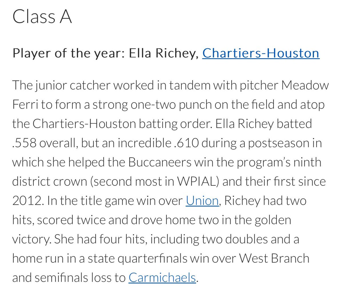 Ella Richey (@ellarichey2025) on Twitter photo So blessed to be named <a href="/TribLiveHSSN/">TribLive HSSN</a> Class A Player of the Year! I truly cannot thank my coaches, teammates, family, and community enough! Without their continous support and guidance this achievement would not have been possible.<a href="/CHLadyBucsSB/">Chartiers-Houston Softball</a> <a href="/SCAthletics05/">Steel City Athletics</a> <a href="/TribSports/">Tribune-Review Sports</a> <a href="/wpial7/">WPIAL</a> So blessed to be named <a href="/TribLiveHSSN/">TribLive HSSN</a> Class A Player of the Year! I truly cannot thank my coaches, teammates, family, and community enough! Without their continous support and guidance this achievement would not have been possible.<a href="/CHLadyBucsSB/">Chartiers-Houston Softball</a> <a href="/SCAthletics05/">Steel City Athletics</a> <a href="/TribSports/">Tribune-Review Sports</a> <a href="/wpial7/">WPIAL</a>