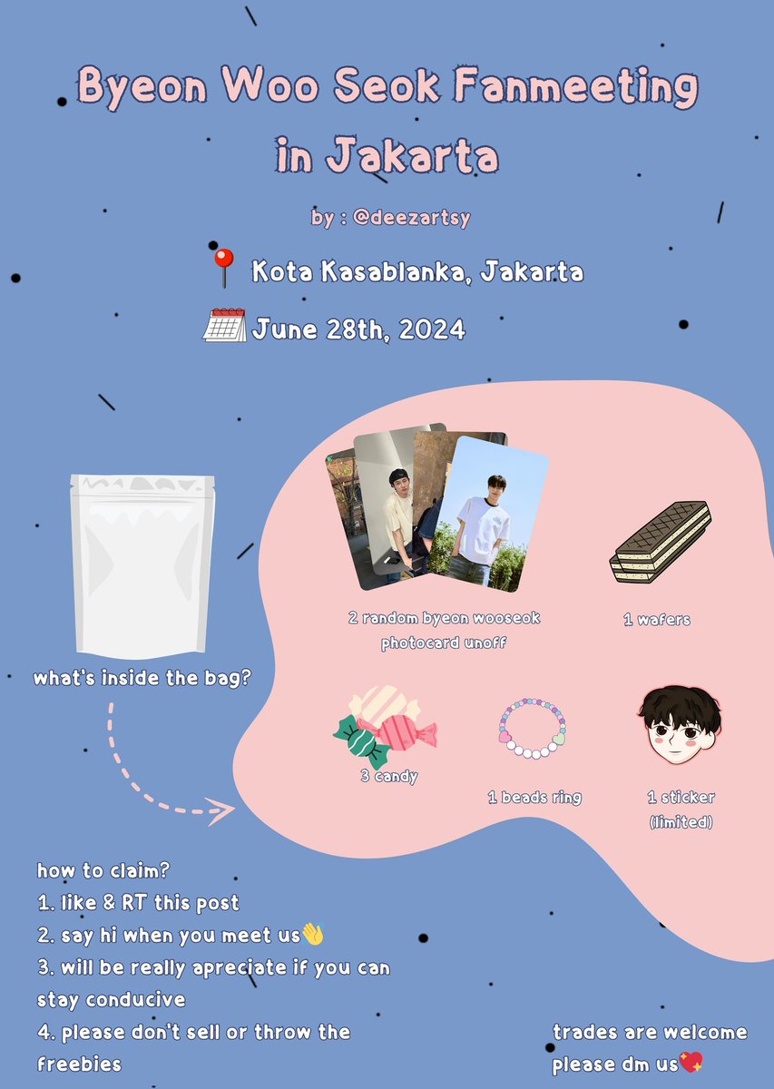 hayidann's tweet photo. ✨️ FREEBIES BYEON WOO SEOK FANMEETING 'SUMMER LETTER IN JAKARTA' ✨️

(Help rt &amp; like)

haiiii tongtong😚💙 
kita mau bagi² freebies untuk fm bws (lokasi pembagiannya nanti diinfokan lg)  ☺️ oiya kalo ada yg mau trade bisa dm aku ya❣️
by deezartsy (hayidan &amp; je)
#ByeonWooSeok https://t.co/O7Q2EDKpFC