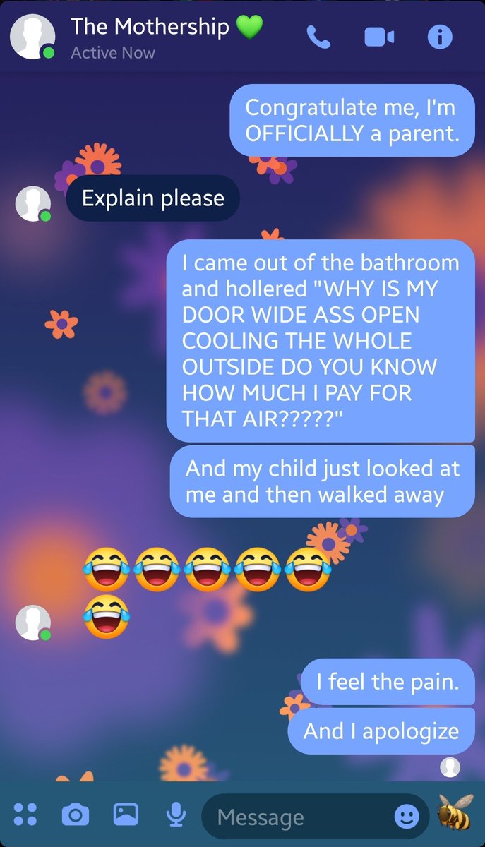 Heaether's tweet image. Convo with my mom just now. (My child, BTW, is my dog who has learned how to push the door open and come back inside after I put her in the yard.)