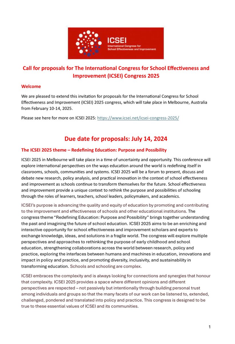 🚨#ICSEI2025 Proposal Submission Deadline Extended 🚨

The deadline has been extended to Sunday 14th July 2024 to accommodate requests from local and international presenters. 

Call for Proposals: 2025.icsei.net/call-for-propo…

Proposal Submission System: conftool.com/icsei2025