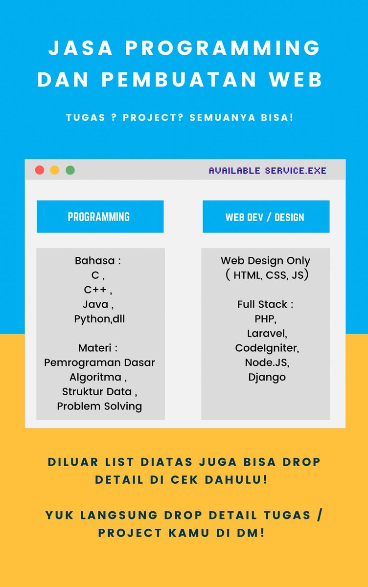 boiianakrumahan's tweet image. Haii semua, aku open joki koding untuk tugas koding / skripsi web programming, tugas akhir, bisa php, js, python, semua framework dm for rate ya !
Kalau kalian butuh bantuan di jelasin dan diajarin juga bisa sampe ngerti dan ready !!
#zonauang #jokikoding #jokicoding