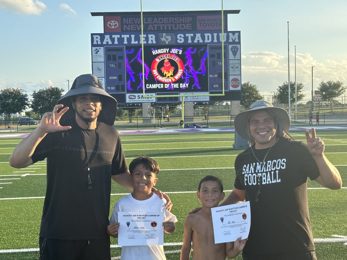 Rattler Athletics (@rattlerup) on Twitter photo Day 2
<a href="/HangryJoesSM/">Hangry Joe's San Marcos</a> Rattler Campers of the Day!
These two campers brought energy and had program eyes (wanted to be coached).
Rattler Up! Day 2
<a href="/HangryJoesSM/">Hangry Joe's San Marcos</a> Rattler Campers of the Day!
These two campers brought energy and had program eyes (wanted to be coached).
Rattler Up!